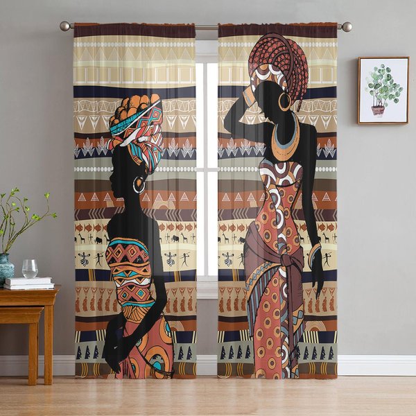 Estilo ÉTnico Mujeres Africanas Mujeres Negras Cortinas TraslúCidas Para DecoracióN De SalóN Cortinas De Ventana Cocina Tul Cortinas Voile W135 X H115Cm X1-image