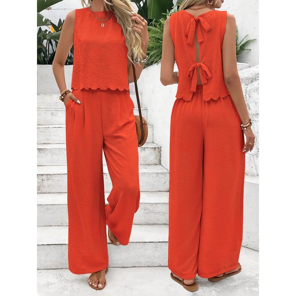 Conjunto De Dos Piezas De Lino Para Mujer, Verano, Musculosa Simple De Uso Diario Estilo Old Money, Top Sin Mangas Con Adorno De Conchas Y Pantalones M-image
