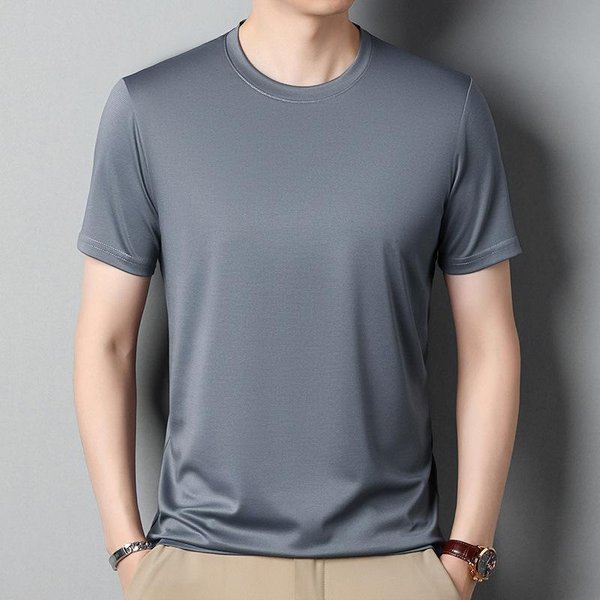 Camiseta De Seda De Morera Para Hombre, Cuello Redondo, Manga Corta, Seda De Hielo, Camiseta Para Hombre Joven, Polo Para Hombre L-image
