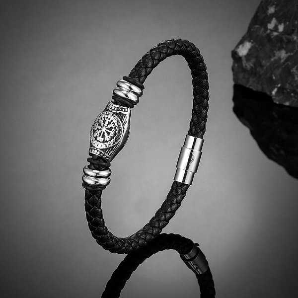 Pulsera De Cuero Trenzada Multicapa Para Hombres Vikingos Punk Con Cuentas De Runas NóRdicas Pulseras JoyeríA De Pareja Regalo 23Cm Gray-image