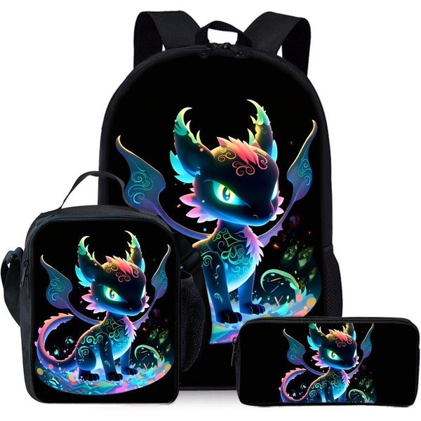 Set De Mochilas De Tres Piezas Con Estampado De DragóN Marino Para NiñOs Y NiñAs Mejores Regalos Mochila Escolar Plana De Dibujos Animados 2D Para NiñOs-image