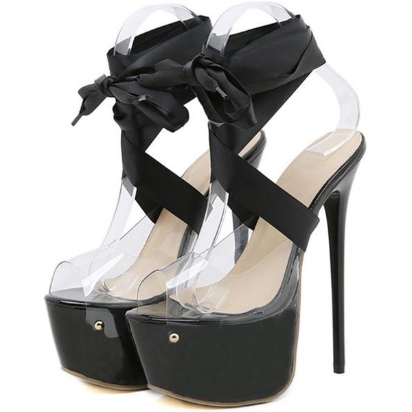 Liyke - Sandalias De Plataforma Con Cordones Hasta El Muslo, Sexys, Rojas, Transparentes, De 16,5 Cm, Con Punta Abierta, Para Discoteca, Estilo Stripper 39 Black-image
