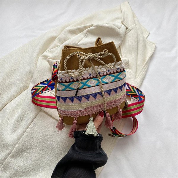 Bolso Cubo ÉTnico Feng Shui Para Mujer Nuevo Hecho A Mano Borla Trenzado Bolso Moda Retro Bolso De Hombro Bolso Bandolera Mujer Gray-image