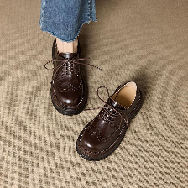 Damskie Buty Oxford Dimanyu Styl Brytyjski Wiosna Nowość Prawdziwa SkóRa Damskie Buty Brogsowe Platforma Sznurowane Damskie Mokasyny 36 BrąZowy-image