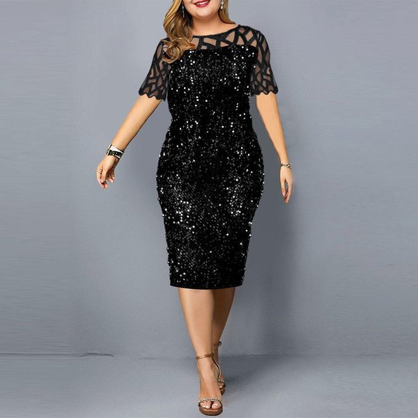 Letnia Sukienka Damska Plus Size Osobowość Cekinowa Damska Sukienka Z KróTkim RęKawem 3XL Czarny-image