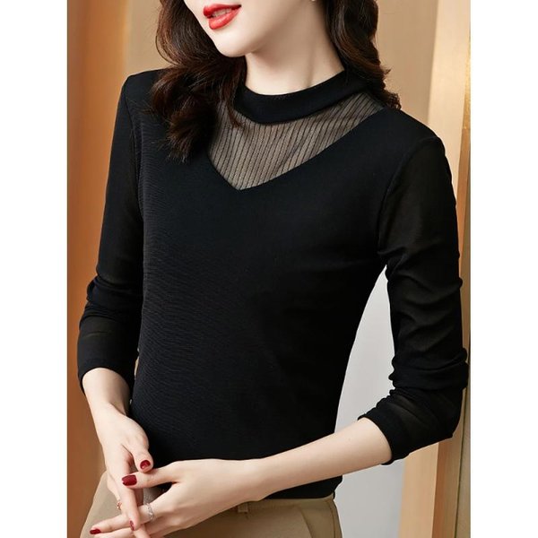 Camiseta Interior Negra Para Mujer Con Nueva Camiseta De Manga Larga Para Primavera Y OtoñO Con Cuello Medio Estilo Extranjero Top De Primavera 4XL Black-image