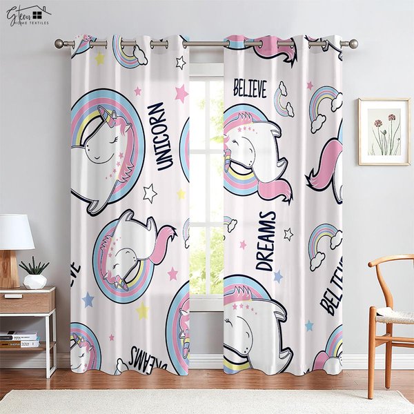 Cortinas Estampadas De Unicornio Lindo De Dibujos Animados, Cielo Estrellado Y ArcoíRis, DecoracióN De HabitacióN Infantil, Cortinas, Regalo Para NiñOs, DecoracióN Del Hogar, 2 Piezas W50Xh130(Cm)X2Pcs&Rod Pocket-image