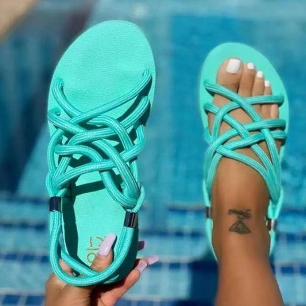 SandałY Damskie Buty Plecione Liny Buty PlażOwe Z WystająCym Palcem Damskie SandałY PlażOwe Rzymskie SandałY Gladiatorki AntypośLizgowe Flip Flop 38 BłęKitny Kolor-image