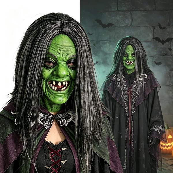 Halloweenowa Zielona WiedźMa Maska Lateksowa One Size Fits All Adults Zielony-image