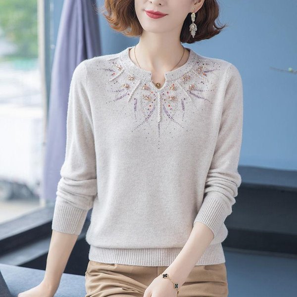 Sweter Z Dzianiny Kaszmirowej Haftowany Diamentami, LuźNy, Oversize'owy Sweter Damski 4XL-image