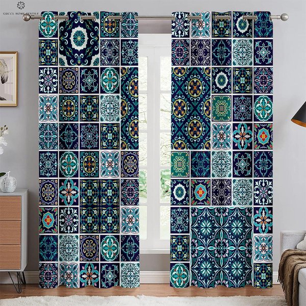 Cortinas Estampadas Con PatróN De Cuadros Bohemios, Cortinas Decorativas, Estilo Retro, Adecuadas Para Dormitorio, Sala De Estar, Cocina, Estudio W106.5Xh213(Cm)X2Pcs&Grommet Top-image
