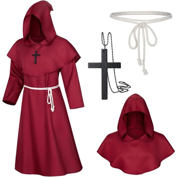 Capucha Monje Medieval Capa Hechicero Sacerdote Disfraces Halloween TúNica Mago Caballero Capa Adultos Adolescentes Atuendo Set De Accesorios Para Fiesta M Rojo-image