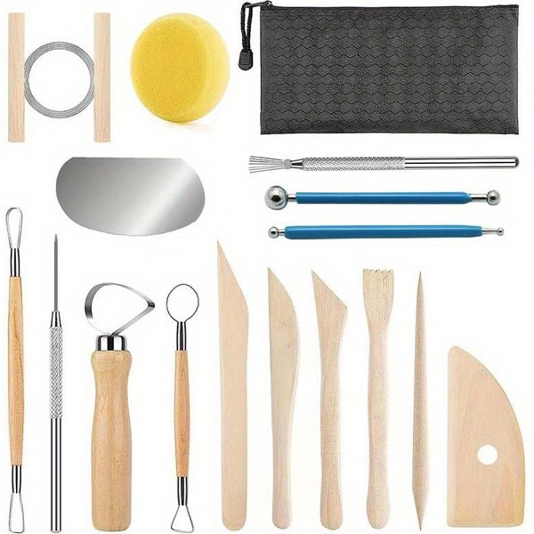 Kit De 17 Piezas De Herramientas Para CeráMica, Herramientas Para Arcilla PoliméRica, Kit De Herramientas Para Esculpir Arcilla De Modelar, Herramientas Para CeráMica, Recorte, PatróN De Relieve, Mangos De Madera Lisos 17Pcs-image