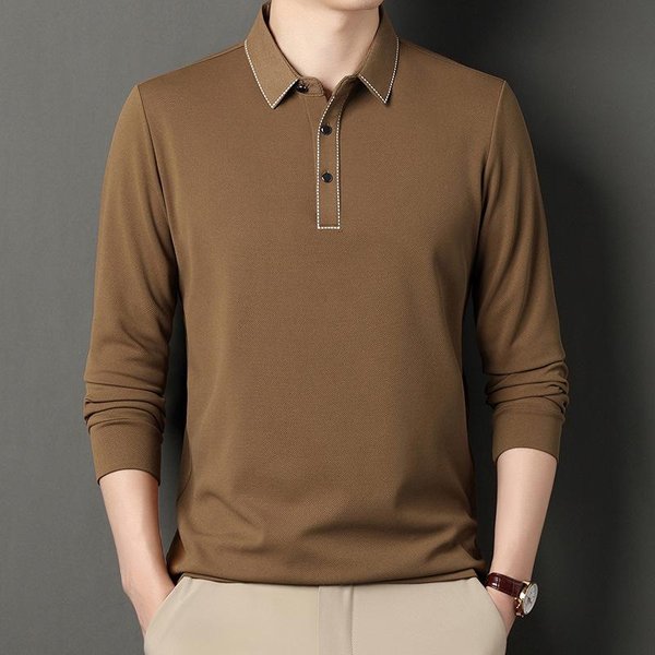 Camiseta De Manga Larga Para Hombre Delgada OtoñO Nueva Hombres JóVenes Y De Mediana Edad Solapa Sencilla Negocios Ocio Camiseta BáSica M-image