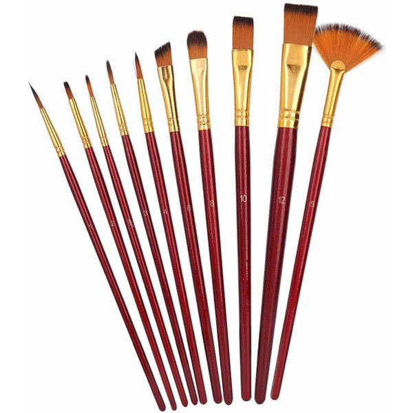 10 Piezas Pincel De Dibujo Para Cabello De Nylon Variedad De Estilos Juego De Pinceles De Madera Para Pintura Gouache Al ÓLeo BorgoñA Brown-image