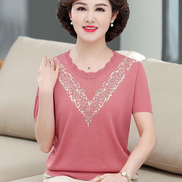 Camiseta De Punto De Manga Corta Para Mujer De Mediana Edad Y Anciana Para Verano 4XL-image