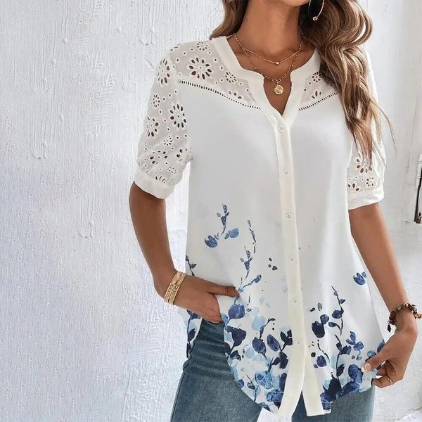 Temperamentowa Swobodna Koronkowa Koszula Damska Moda LuźNa Koszula Kobieta Elegancka Bluzka Z KróTkim RęKawem Wakacyjny Weekend L-image
