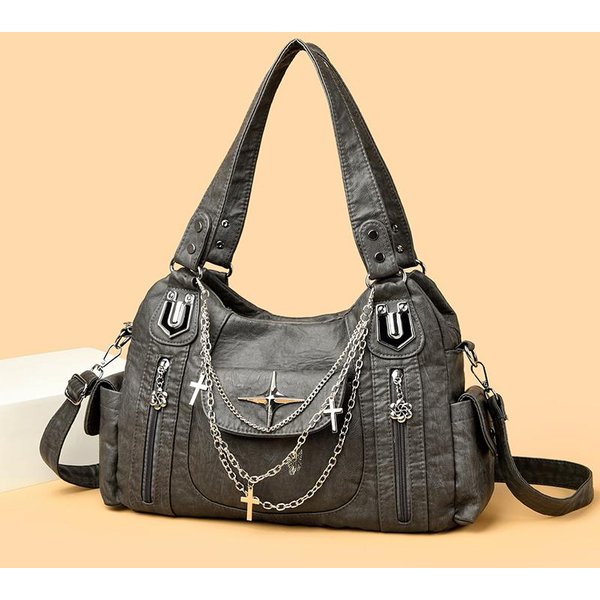 Retro Punkowa Torba Crossbody Ze SkóRy PU Z Metalowym łAńCuszkiem I Wieloma Kieszeniami, Na Ramię Z Regulowanym Paskiem Kolor Szary-image