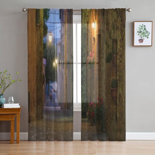 Calles Pueblo Medieval Italia Cortinas De Gasa Transparentes De Lujo Para DecoracióN De Sala De Estar Dormitorio Visillos Para Ventana Cortina De Tul 135W X 114H(Cm) Beige-image