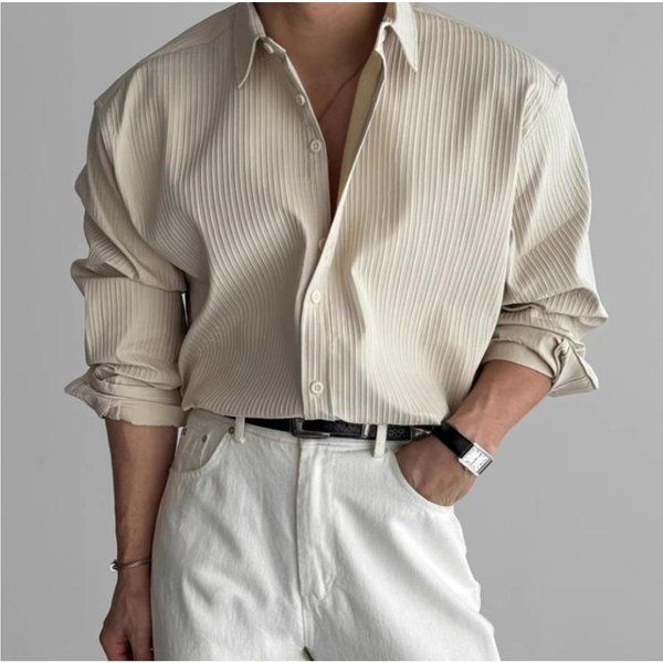 Camisa Casual Lisa De Manga Larga Para Hombre OtoñO Primavera Cuello Polo Holgada VersáTil Blusa Base CáRdigan Top Hombre L-image
