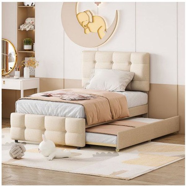 Cama Infantil Extensible - Muvoe - 90 X 200 Cm - Cabecero Ajustable - Tejido De Lino - Beige-image