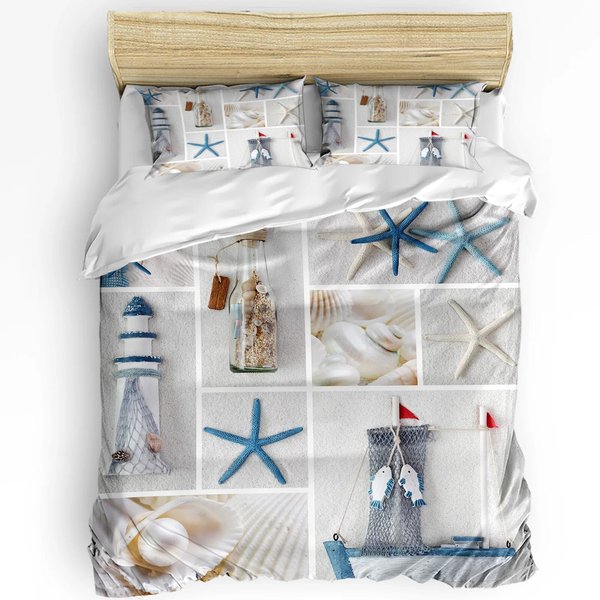 Juego De Ropa De Cama NáUtica Faro Ancla TimóN 3 Piezas Funda NóRdica Funda De Almohada Cubre Colcha Para NiñOs Adultos Juego Para Cama Doble Textil Para El Hogar EU Single(135X200Cm)-image