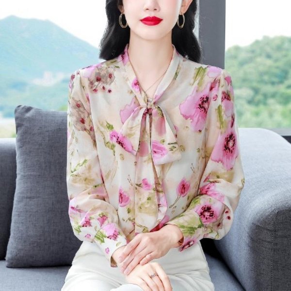 Camisa De Gasa Floral Dulce Francesa Top De Manga Larga Para Mujer Primavera Nueva Camisa Retro Camisa Con Lazo 3XL Gray-image
