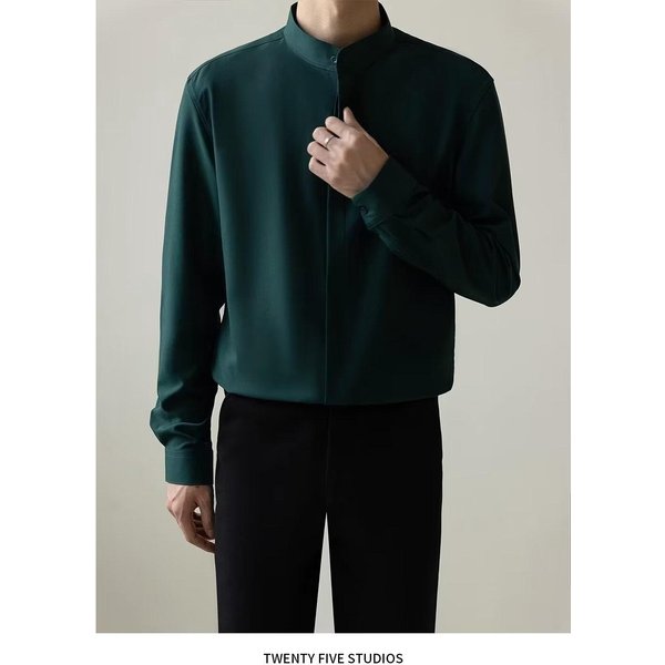 Camisa De Hombre Sedosa Sin Planchado De Manga Larga Con Cuello Mao – Corte Slim, Color SóLido, Ropa Casual De Negocios M Verde-image