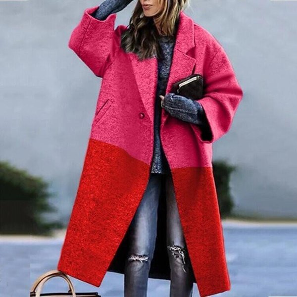 Kratka Damska Moda DłUgi RęKaw Blok KoloróW PłAszcz Trencz WełNiany Drukowany Odzież Wierzchnia PłAszcz Z Klapami S Pink-image
