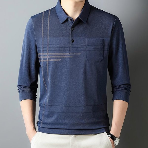 Tops Finos De Manga Larga Para Hombre De OtoñO, Camisetas BáSicas Para Hombres JóVenes Y De Mediana Edad Con Solapas Y Bolsillos Reales, Camisetas Casuales De Papá Para Hombre Xxxxl Gray-image