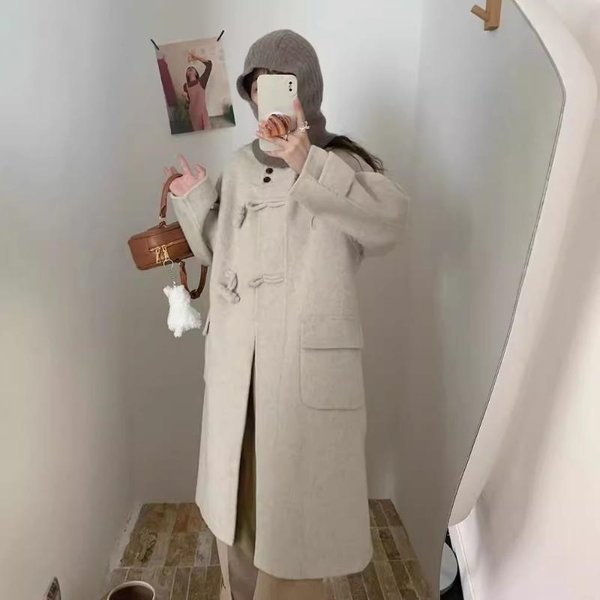 Abrigo De Lana Doble Cara Con Capucha Estilo Coreano Largo OtoñO E Invierno CáLido Abrigo De Lana De Invierno Con BotóN De Cuerno Para Mujer M Gray-image