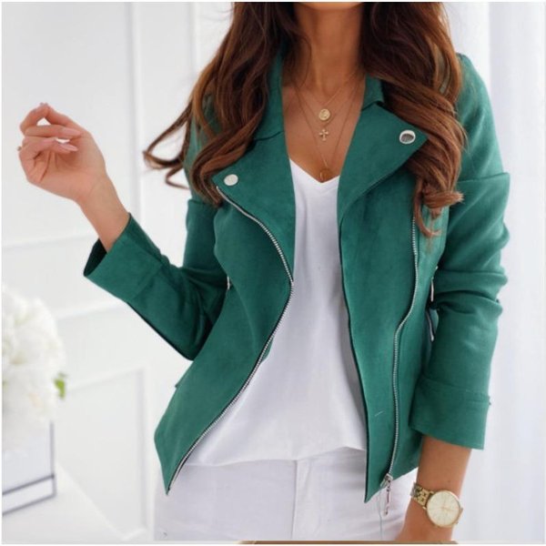 Nueva Chaqueta Corta De Cuello Solapa Estrecha Con Cremallera Chaqueta Corta De Piel De Ciervo Para Mujer 2XL Black-image