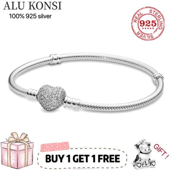 Venta Plata De Ley 925 Real 100% Pulsera Pan CorazóN De Amor Pulsera De Cristal Para Mujer Ajuste Charms Originales DIY JoyeríA 18Cm-image