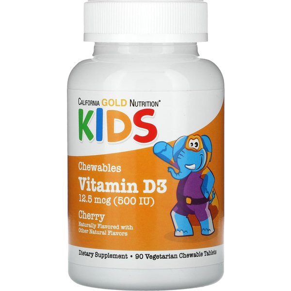 California Gold Nutrition, Vitamina D3 Masticable Para NiñOs, Sabor A Cereza Natural, 12.5 Mcg (500 Ui), 90 Comprimidos Veganos-image