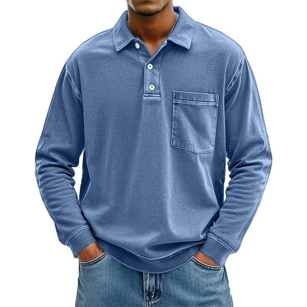 Wiosna Jesień Koszulka Polo Jednolity Kolor Kieszeń MęSka DłUgi RęKaw Vintage T-Shirt MęSki Uniwersalny Guziki Sweter Top 3XL Royal Niebieski Kolor-image