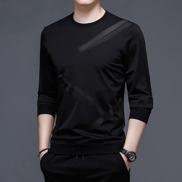 Camiseta De Manga Larga Nueva De Primavera Y OtoñO Para Hombre China Rayada Cuello Redondo Moderna Moda Casual Para Hombre Sudadera Estampada Xxxxl Black-image