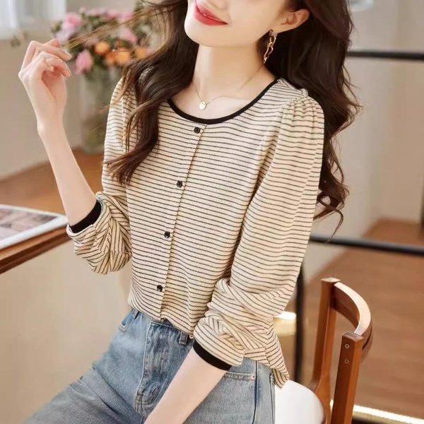 SuéTer De Manga Larga A Rayas Estilo Coreano Para Mujer En OtoñO Y Nueva Camiseta BáSica Casual, Sencilla Y VersáTil Para OtoñO. XL Beige-image