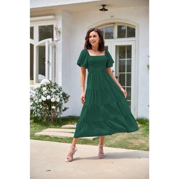 Vestido Corto De Mujer Con Cuello Cuadrado, Espalda Descubierta, Mangas Abullonadas Y Plisado XL Gray-image