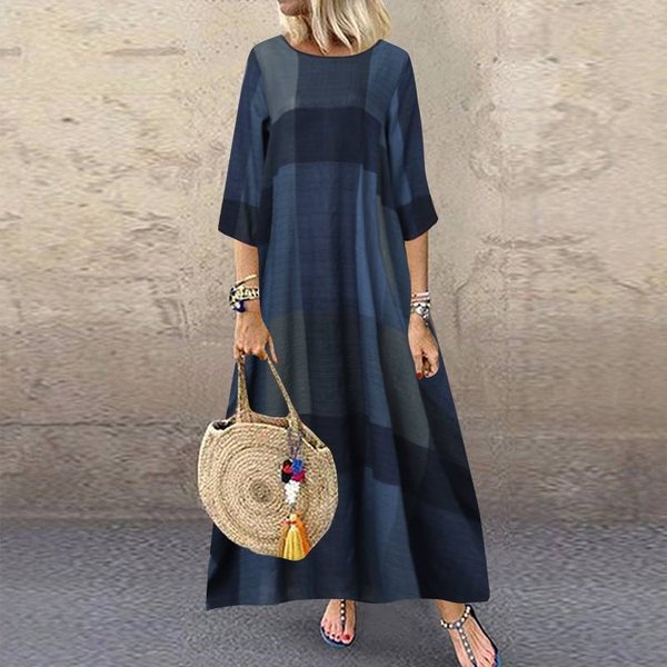 Vestido Largo Estilo Vintage De Verano Casual Manga Tres Cuartos Estampado De Cuadros Talla Grande Elegante Para Mujer Xxxl-image
