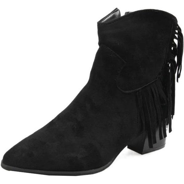 Buty Plus Size Damskie Botki Damskie Retro Nowoczesne Botki Kobiety FręDzle Szpiczasty Nosek Zamek Boczny Grube Obcasy Buty Damskie 38 Czarny-image
