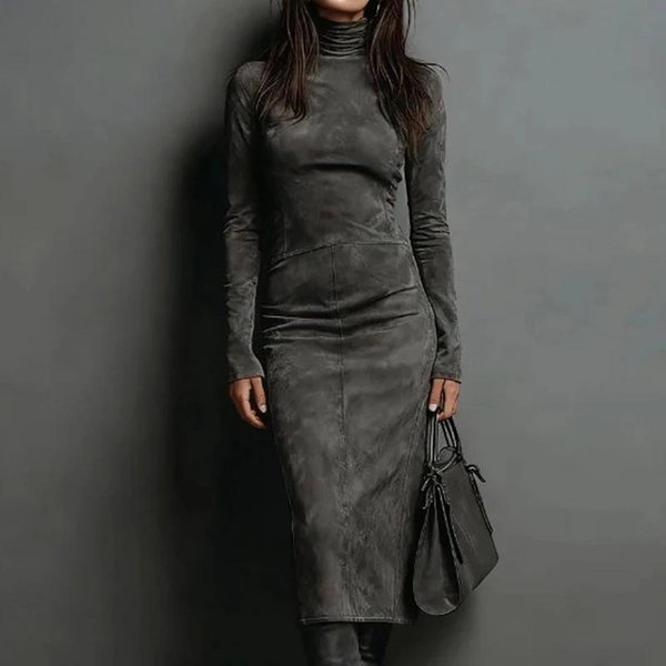 Kobiety Elegancka Sukienka Party O Dopasowanym Kroju Z DłUgim RęKawem Jesienna Patchworkowa Vintage Prosta Sukienka Maxi Golf Casualowa Sukienka Damska XXL Kolor Ciemnoszary-image
