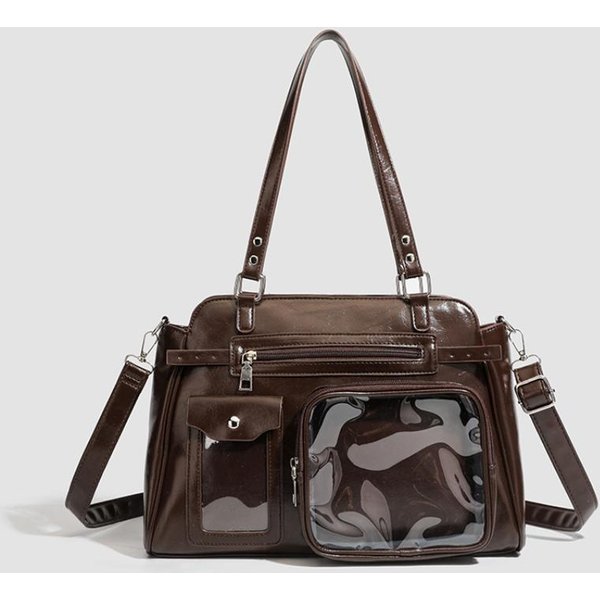 JapońSka Itabag Z Przezroczystym WyśWietlaczem Wielokieszeniowa Torba Na Ramię Modna Torba Typu Tote Styl Uniformu JK Torba Na Ramię Torba Crossbody BrąZowy-image