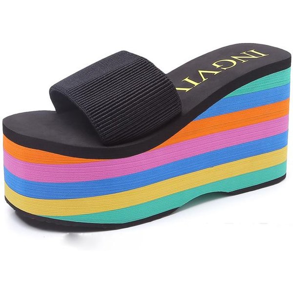 Damskie Klapki PlażOwe SandałY Na Koturnie Wysokie 9Cm Obcasy Casualowe Peep Toe Platformy Kapcie TęCzowe Letnie Damskie Kapcie 34 Czarny-image