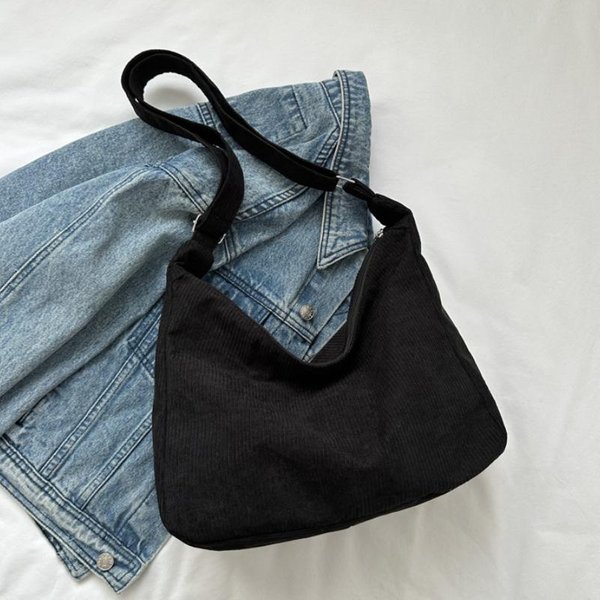 Codzienna Torba Hobo Na Ramię Ze Sztruksu, Minimalistyczna Torebka W Jednolitym Kolorze, Uniwersalna Torba Retro Czarny-image
