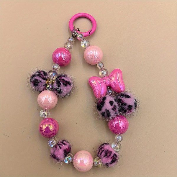 Coreano Elegante Invierno Estampado Leopardo Pompon Lindo Lazo Cadena Para TeléFono Llavero Con Cuentas Colgante Lanyard Para Mochila Pulsera-image