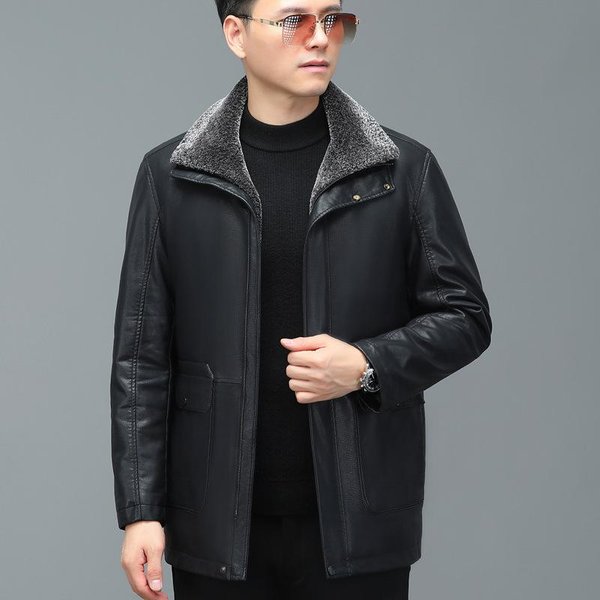 Chaqueta De Cuero Genuino Para Hombre De Mediana Edad, De Piel De Oveja, De Longitud Media, Chaqueta De PlumóN De Cuero Genuino Grueso Y Suelto Para Hombre, Chaqueta De Cuero 4XL Black-image