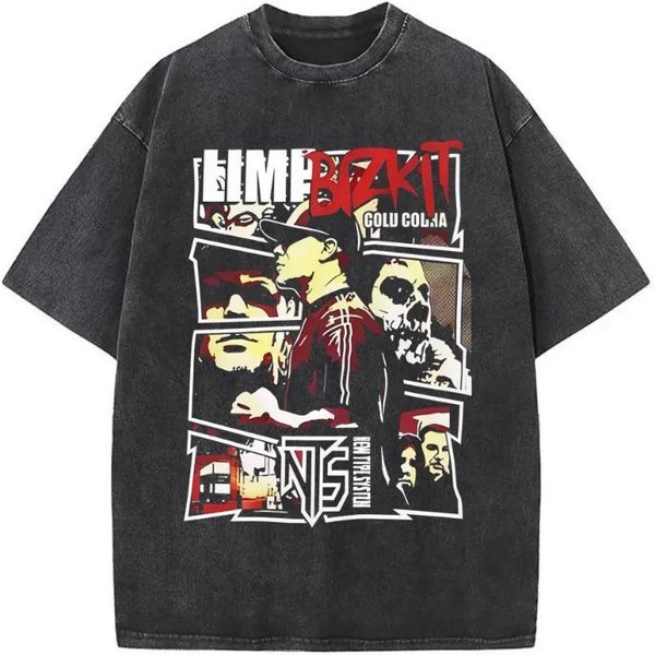 Camiseta Vintage Lavada Banda De Rock Limp Bizkit Para Mujer Casual Oversized Manga Corta Camisetas Masculinas CláSicas Harajuku Streetwear XL Black-image