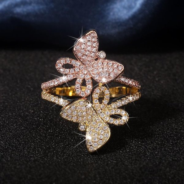 Anillo De Mariposa Dorado Lindo De Plata Para Mujer Con Piedra De Circonita Brillante Ajustable JoyeríA De Moda Anillo De Boda De Compromiso Resizable Brown-image