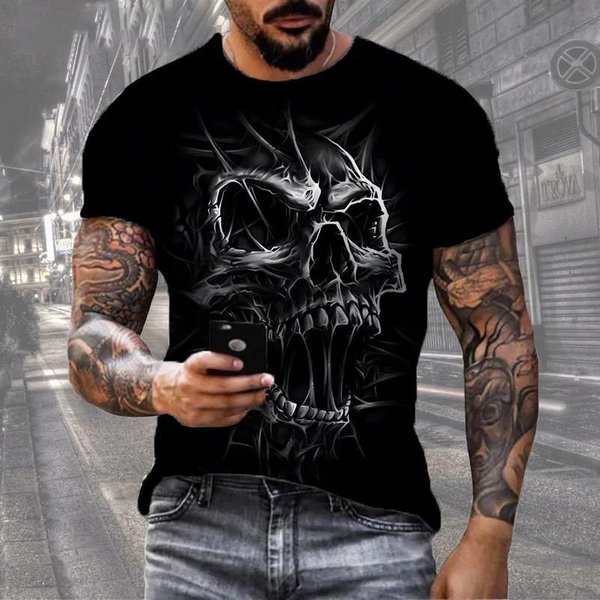 Horror Muerte Camisetas De Calavera Para Hombre Manga Corta Estampado 3D Terror Calle Hip Hop Camiseta Cuello Redondo Holgada Casual Verano Tops Ropa XL Black-image