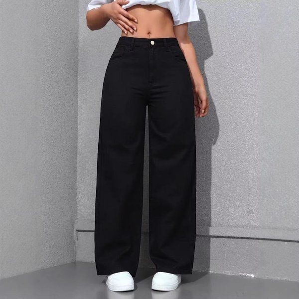 Jeans Rectos De Cintura Alta Para Mujer, Pantalones Vaqueros Anchos Holgados, Jeans EláSticos Lavado ÁCido Azul Claro Con Bolsillos, Pantalones Casuales Para Oficina 4XL Gray-image